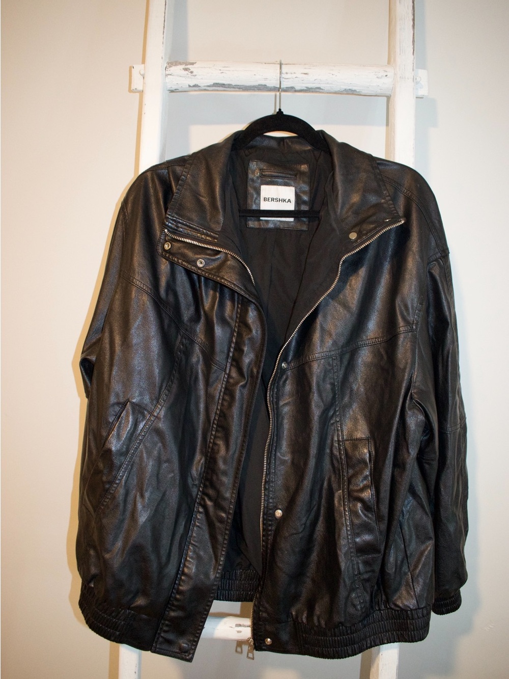 Bershka Black Faux Leather Jacket with Zipper Detail